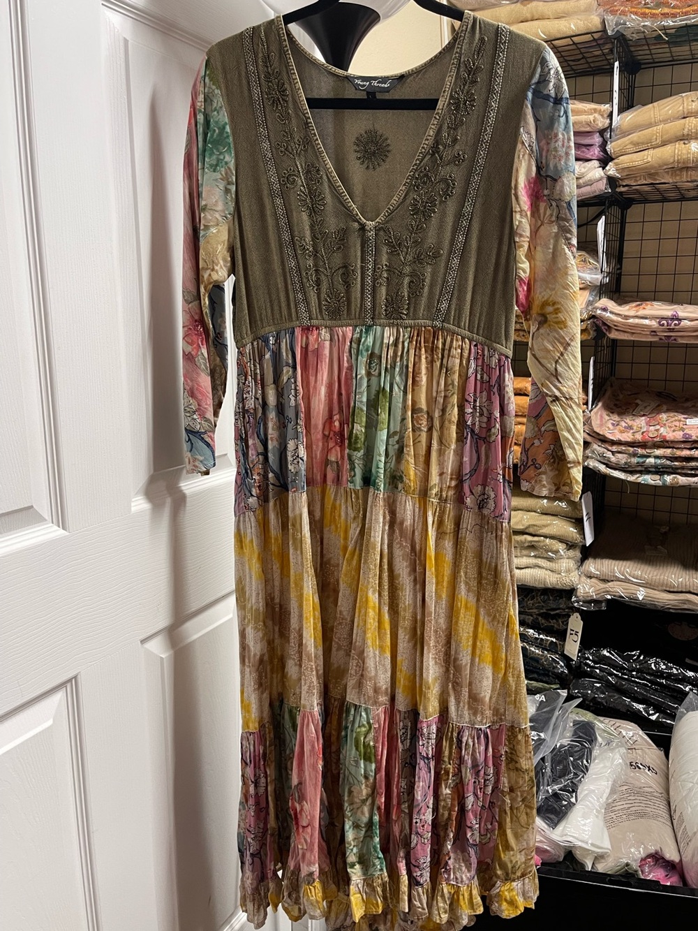 NWT Young Threads Embroidered Olive Boho Maxi Dress with Multi-Color Floral Tier
